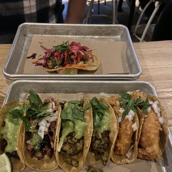 bartaco Seaport - Top: swordfish.  Bottom: crane asada, chicken chorizo, Baja fish - Tacos Near Me - Boston, Massachusetts