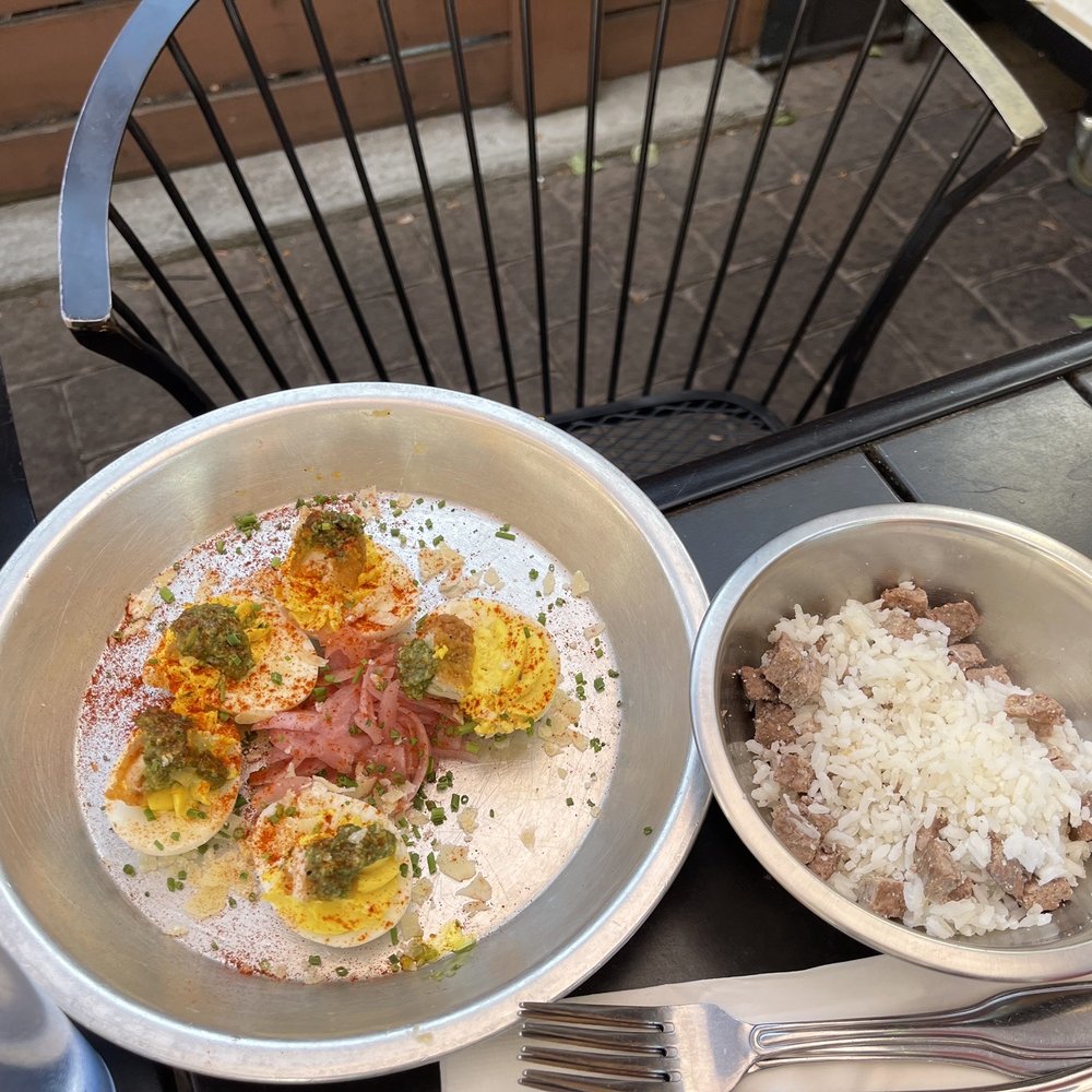 J DUB - Deviled eggs (fried chix & pesto) beef n rice puppy bowl - Breakfast & Brunch Near Me - Bend, Oregon J DUB - Deviled eggs (fried chix & pesto) beef n rice puppy bowl - Breakfast & Brunch Near Me - Bend, Oregon