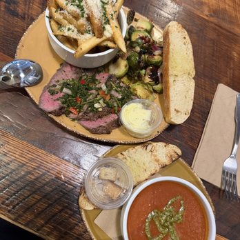 Urban Plates - Chimichurri grass fed steak and tomato basil soup - New American Near Me - Brea, California Urban Plates - Chimichurri grass fed steak and tomato basil soup - New American Near Me - Brea, California