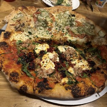 Bob's Pizza - Half and half: Pickle Pizza and Smoked Chicken Sausage Pizza - Pizza Near Me - Evanston, Illinois Bob's Pizza - Half and half: Pickle Pizza and Smoked Chicken Sausage Pizza - Pizza Near Me - Evanston, Illinois