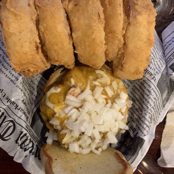 3B's Burgers & Beer - Frito pie burger, no Fritos with onion rings - Burgers Near Me - Spring, Texas 3B's Burgers & Beer - Frito pie burger, no Fritos with onion rings - Burgers Near Me - Spring, Texas