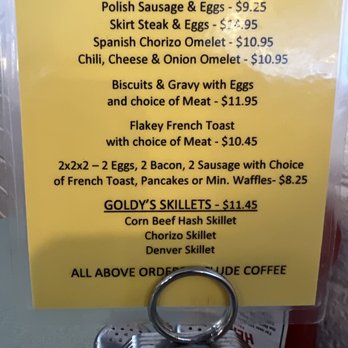 Goldy's Grill - Menu - The menu from Goldy's Grill in Park Ridge, IL, displays breakfast and lunch dishes such as Polish sausage with eggs, skirt steak with eggs, Spanish chorizo omelet, and chili with cheese and onion omelet. It also offers biscuits and gravy with eggs, French toast with meat, and skillet options like corn beef hash, chorizo, and Denver skillet. Prices range from approximately $8.25 to $11.95. The menu emphasizes hearty American breakfast and lunch items. - American Near Me - Park Ridge, Illinois