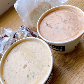 Pike Place Chowder - Crab & Oyster Chowder (left), Seafood Bisque (right) mediums - Seafood Near Me - Seattle, Washington Pike Place Chowder - Crab & Oyster Chowder (left), Seafood Bisque (right) mediums - Seafood Near Me - Seattle, Washington
