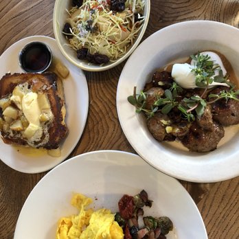 Nopa - Custard French Toast (left), Soft Scrambled Eggs (front), Black Pepper Sage Sausage (right), Arrowhead Cabbage (back) - New American Near Me - San Francisco, California