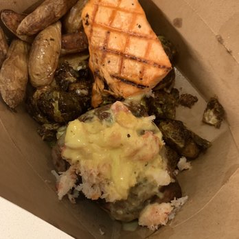 Cutters Crabhouse - Sirloin with crab oscar, salmon, Brussels sprouts, and potatoes. - Seafood Near Me - Seattle, Washington Cutters Crabhouse - Sirloin with crab oscar, salmon, Brussels sprouts, and potatoes. - Seafood Near Me - Seattle, Washington