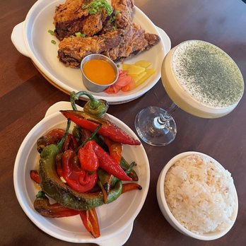 FOB Kitchen - Fried chicken and special drink  (don't remember the name) and grilled sweet peppers. - Filipino Near Me - Oakland, California