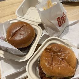 Chicken and double patty burgers with fries Chicken and double patty burgers with fries