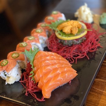 Komorebi Full House - Angry Dragon Roll, salmon sashimi and Fresh California Uni($9) - Sushi Bars Near Me - Brooklyn, New York
