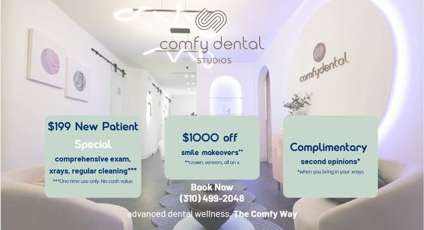 $199 New Patient Special! Mention this Yelp Post - $199 New Patient Special! 

Comprehensive exam, X-rays, and regular cleaning.

*One time use only. No cash value.
