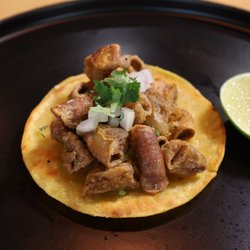 Taco de Tripa Doradita Crispy beef tripe served on a warm corn tortilla, topped with fresh onion and cilantro, with lime on the side. Gold