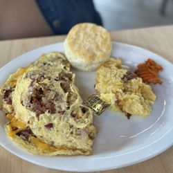 The Toasted Yolk Cafe - Omelette, biscuit, hash brown casserole.