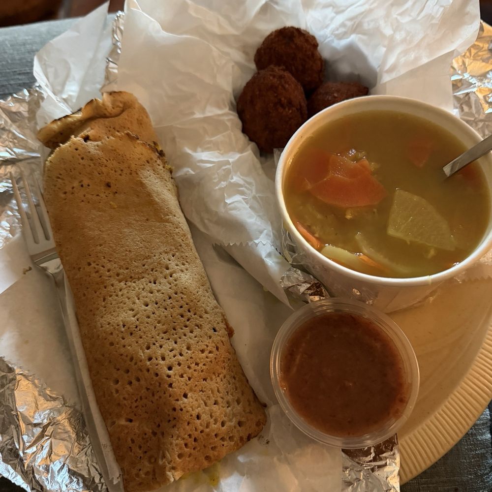 Annapurna's - Masala Dosa with a side of (only 3 tiny) Falafels a-la-carte. Flavorful but cmon guys-at least include 4 since they're so small... - Vegetarian Near Me - Santa Fe, New Mexico Annapurna's - Masala Dosa with a side of (only 3 tiny) Falafels a-la-carte. Flavorful but cmon guys-at least include 4 since they're so small... - Vegetarian Near Me - Santa Fe, New Mexico