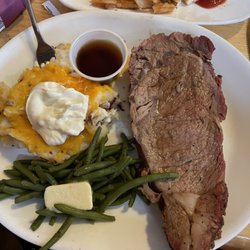 Stubborn Mule Saloon & Steakhouse - Well done prime rib diner with loaded mashed potatoes and green beans
