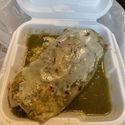 Taco N' Tento - Wet burrito with green sauce topped with cheese!