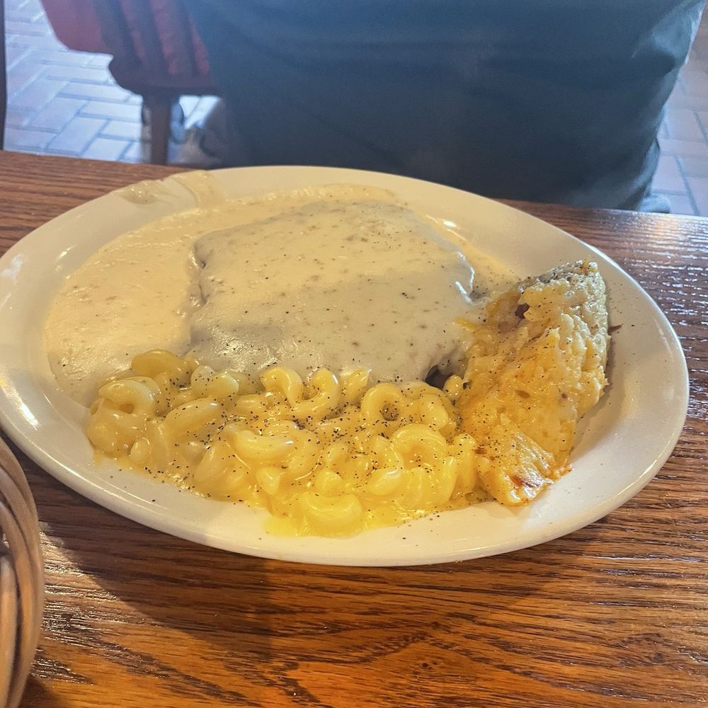 Country Fried Steak, cheesy potatoes, and Mac and cheese Country Fried Steak, cheesy potatoes, and Mac and cheese