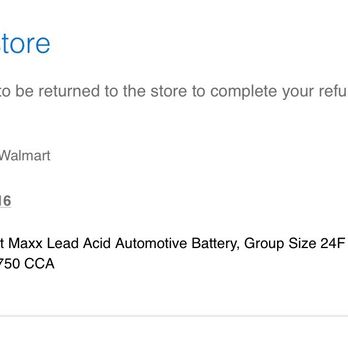 Walmart - Return/Refund email confirmation - The image shows a Walmart return receipt for an EverStart Maxx Lead Acid Automotive Battery. The receipt includes the product description, group size, voltage, and cold cranking amps, along with the quantity (one) and the price of $139.84. The return deadline is specified as Tuesday, April 16. The receipt is formatted with text and a small product image, indicating a transaction related to automotive parts. - Department Stores Near Me - Martinez, California