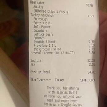 Jason's Deli - Receipt - A photo of a receipt from Jason's Deli in Albuquerque, NM, dated 10/22/2021 at 5:58 PM. The receipt includes items like a turkey sandwich with sourdough, pesto aioli, bell pepper, cucumbers, lettuce, spinach, avocado, broccoli salad, and a broccoli cheese cup. Prices are listed for each item, with a subtotal of $32.33, tax of $2.55, and a total of $34.88. The receipt contains a thank you message and a request for a Google review. - Delis Near Me - Albuquerque, New Mexico