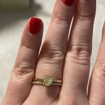 Moijey Fine Jewelry & Diamonds - Oval diamond with a golden hue to match the wedding band - designed both to match. - Jewelry Near Me - Silver Spring, Maryland Moijey Fine Jewelry & Diamonds - Oval diamond with a golden hue to match the wedding band - designed both to match. - Jewelry Near Me - Silver Spring, Maryland