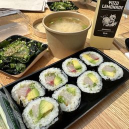 Hamachi Roll, miso soup, seaweed salad, and yuzu lemonade-- yum! Hamachi Roll, miso soup, seaweed salad, and yuzu lemonade-- yum!
