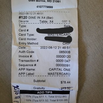 CRAZY CRAB - My copy of bill where I was charged the 18% gratuity I didn't know was automatically on top of tipping the waiter $10. - Seafood Near Me - Glen Burnie, Maryland CRAZY CRAB - My copy of bill where I was charged the 18% gratuity I didn't know was automatically on top of tipping the waiter $10. - Seafood Near Me - Glen Burnie, Maryland