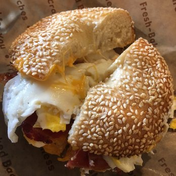 Einstein Bros. Bagels - Peppered bacon melt on sesame - Bagels Near Me - Poway, California Einstein Bros. Bagels - Peppered bacon melt on sesame - Bagels Near Me - Poway, California