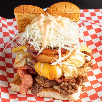 Corner Grille - Hungry boy burger. BBQ beef, bacon, egg, crispy onions, shredded cabbage, special sauce - Korean Near Me - Woodland Hills, California Corner Grille - Hungry boy burger. BBQ beef, bacon, egg, crispy onions, shredded cabbage, special sauce - Korean Near Me - Woodland Hills, California