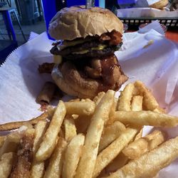 Alibi Bar & Grill - The Alibi burger with beet battered fries