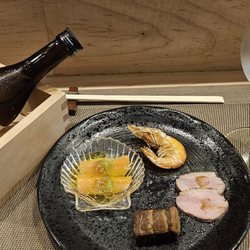 En Japanese Cuisine - Zensai/appetizer: Fried Shrimp; Slow roast duck breast w/Yuzu Koshō; Pork Kakuni/slow braised pork belly; Salmon Carpaccio. Suigèi Sakè
