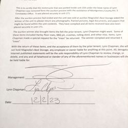 Magnolia's Best Storage - Release of liability signed by Lynn Chapman day she received leftover auction items on her storage