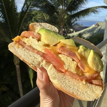 Cinnamon Roll Place - Plain bagel + sausage + avocado breakfast sando - Bakeries Near Me - Kihei, Hawaii