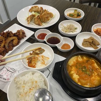 Masito - Pork stirfry, fried dumplings, banchan, seafood tofu soup. - Korean Near Me - Anaheim, California