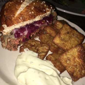 Table, Donkey and Stick - Alpine burger, potato latkes & aioli sauce - Modern European Near Me - Chicago, Illinois Table, Donkey and Stick - Alpine burger, potato latkes & aioli sauce - Modern European Near Me - Chicago, Illinois