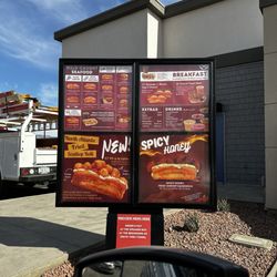 Angie’s Lobster - Menu from the drive thru. Order at the pay station and speaker PAST this menu on the left. It is marked and card/mobile pay only. No cash.