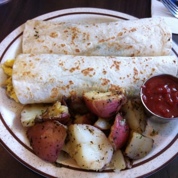 Auntie Mame's - #11 Breakfast Burrito: scrambled eggs with cheese, avocado, choice of bacon/ham/sausage/turkey/chorizo, plus homefries, $8.50! - Breakfast & Brunch Near Me - Scotts Valley, California