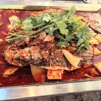 Hot Space Grilled Fish - Striped bass w mung bean noodle, potato, soft tofu, Chinese cabbage - Szechuan Near Me - Flushing, New York Hot Space Grilled Fish - Striped bass w mung bean noodle, potato, soft tofu, Chinese cabbage - Szechuan Near Me - Flushing, New York