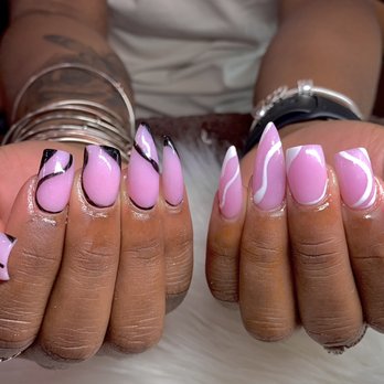 Glow Nails and Spa - Acrylic full set with black and white drawn swirls - Nail Salons Near Me - Ardmore, Pennsylvania