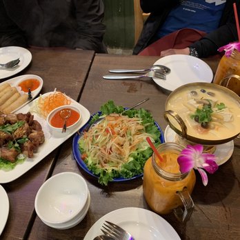 Thonglor Thai Bistro - Left: 5. Royal Shrimp Rolls, 1. Garlic Pork Sparerib 14. Papaya Salad 20. Tom Kha Soup. 78. Thai Iced Tea all yummy! - Thai Near Me - San Mateo, California Thonglor Thai Bistro - Left: 5. Royal Shrimp Rolls, 1. Garlic Pork Sparerib 14. Papaya Salad 20. Tom Kha Soup. 78. Thai Iced Tea all yummy! - Thai Near Me - San Mateo, California