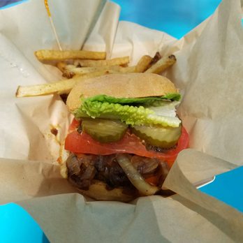Plum Burgers - "American Guy"...field roast patty, lettuce tomato, pickles, caramelized onions, vegan cheese w/ fries. - Food Trucks Near Me - Seattle, Washington Plum Burgers - "American Guy"...field roast patty, lettuce tomato, pickles, caramelized onions, vegan cheese w/ fries. - Food Trucks Near Me - Seattle, Washington