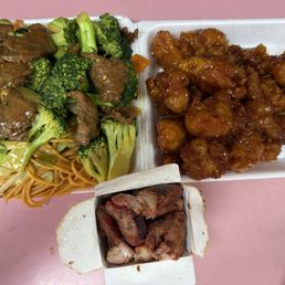 3 Item Combo Plate with Orange Chicken, Broccoli Beef, BBQ Pork, Fried Rice, and Chow Mein 3 Item Combo Plate with Orange Chicken, Broccoli Beef, BBQ Pork, Fried Rice, and Chow Mein