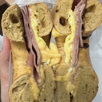 Bagel Nation - Egglewich deluxe with ham on sun dried tomato bagel - Bagels Near Me - Charleston, South Carolina Bagel Nation - Egglewich deluxe with ham on sun dried tomato bagel - Bagels Near Me - Charleston, South Carolina