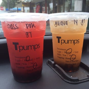 Tpumps - (Left) passion pomegranate green tea & NO milk (right) guava lychee green tea & NO milk w honey boba in both - Coffee & Tea Near Me - San Francisco, California Tpumps - (Left) passion pomegranate green tea & NO milk (right) guava lychee green tea & NO milk w honey boba in both - Coffee & Tea Near Me - San Francisco, California