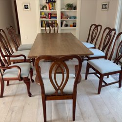 Cape Cod Upholstery Shop - Ethan Allen Dining Chairs upholstered in a Revolution fabric. Upholstered by Joe Gramm of Cape Cod Upholstery Shop - South Dennis, MA 02660