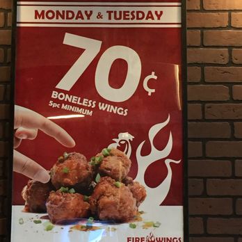Fire Wings - 70c boneless wings mon and tues (must get 5 wings per flavor choice) - Chicken Wings Near Me - Hayward, California