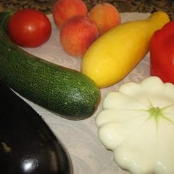 Market & Penn Farmers Market - Clockwise fr lower left: egg plant, zucchini, tomato, peaches, yellow squash, red bell pepper, 'flying saucer' squash