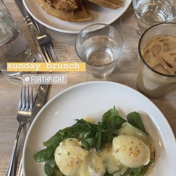 Forthright - Classic eggs benedict with iced vanilla latte & chicken & waffles - Cafes Near Me - Austin, Texas