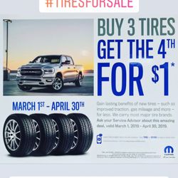 Barkau Chrysler Dodge Jeep Ram Of Freeport - Tire Sale going on thru April 30, 2019 Buy 3 Tires get 4 th for $1. Call 815-232-5141 for an appointment.