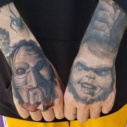 2nd To None Tattoo Company - Healed Billy the puppet tattoo and chucky tattoo by shop owner German Miranda ig @tattoogerman