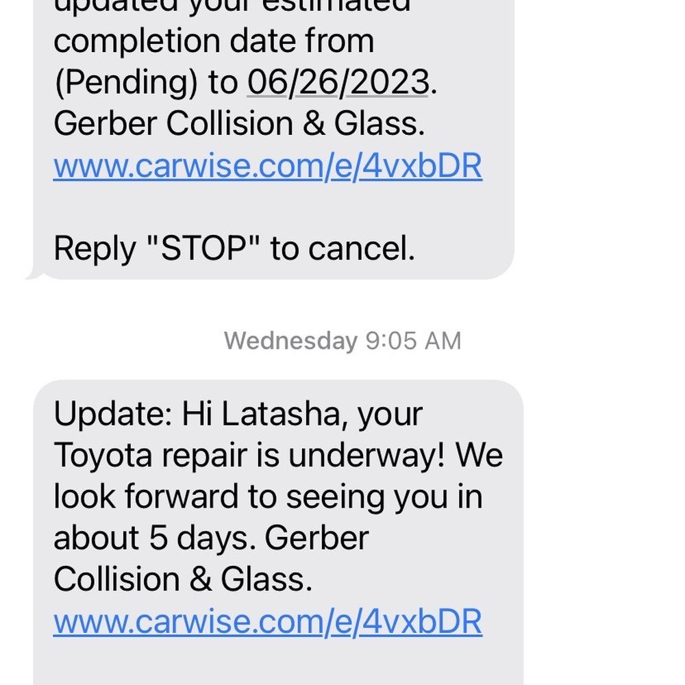 Gerber Collision & Glass - The correspondence text's received...it went from pending to repair started with no approval from the insurance company or myself. - Body Shops Near Me - Valencia, California Gerber Collision & Glass - The correspondence text's received...it went from pending to repair started with no approval from the insurance company or myself. - Body Shops Near Me - Valencia, California