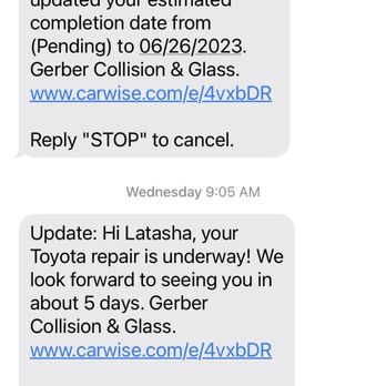 Gerber Collision & Glass - The correspondence text's received...it went from pending to repair started with no approval from the insurance company or myself. - Body Shops Near Me - Valencia, California Gerber Collision & Glass - The correspondence text's received...it went from pending to repair started with no approval from the insurance company or myself. - Body Shops Near Me - Valencia, California