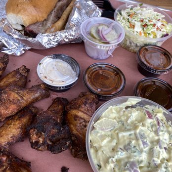 Slow Hand BBQ - 1/2 order of Smoked Jerk Rub Wings, Potato Salad, Coleslaw, Brisket Sandwich (and a little bonus cup of pickles and red onion) - Barbeque Near Me - Pleasant Hill, California Slow Hand BBQ - 1/2 order of Smoked Jerk Rub Wings, Potato Salad, Coleslaw, Brisket Sandwich (and a little bonus cup of pickles and red onion) - Barbeque Near Me - Pleasant Hill, California